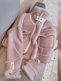 Women s Down Parkas 2023 Autumn Winter Fur Jacket Suede Leather Lamb Sheepskin Motorcycle Biker Thick Standing Collar Splice Parka Outerwear 230920