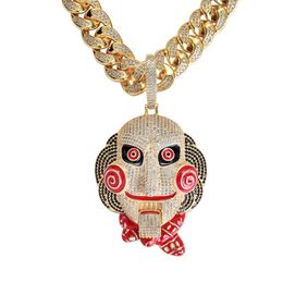 Iced Out Large Size 6ix9ine Mask Doll Pendant Necklace Mouth Can Be Moved Gold Silver Plated Micro Paved Zircon Men Jewelry293A