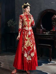 Ethnic Clothing Female Phoenix Embroidery Cheongsam High Quality Red Chinese Wedding Dress Traditional Party Qipao Size S-2XL