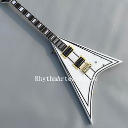 Custom shaped electric guitar, white V asymmetric body with black pattern, ebony fingerboard, gold Colour hardware, free shipping