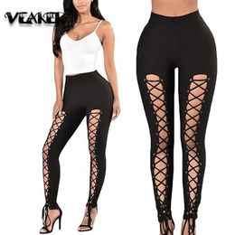 Women's Pants s Sexy Lace Up Bandage Leggings High Waist Trousers Party NightClub Female Fitness Skinny Long 230919