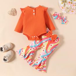 Clothing Sets 2023 Spring Autumn Born Baby Girls 3PCS Clothes Set Cotton Solid Rompers Floral Flare Pants Hairband Suit Infant Outfit