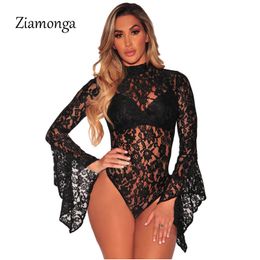 Women's Jumpsuits Rompers Ziamonga Spring Combinaison Femme Black White Sheer Floral Lace Bodysuit Bell Sleeve Turtleneck Bodysuit Long Sleeve Body Mujer 230920