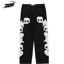 Men's Jeans Vintage Pocket Skull Embroidery Straight Cargo Pants Men And Women Oversize Trousers Harajuku Streetwear Denim 230919