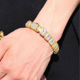 14K Gold Plated 12 5mm Men's Baguette Tennis Bracelet Soild Real Iced Diamond Hip Hop Jewellery for Men Women gifts331c