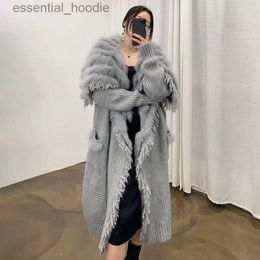 Women's Fur Faux Fur Women Luxury Fox Fur Collar Long Cardigan 2023 Autumn Winter Knitted Coats Opening Sweater DBL5414 L230920