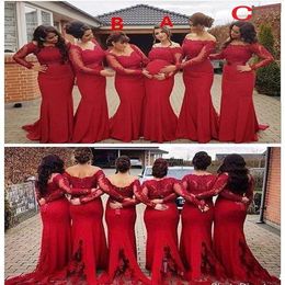 Cheap Lace Dark Red Mermaid Bridesmaid Dresses 2019 New For Weddings Long Sleeves Lace Appliques Sashes Party Sweep Train Maid Hon1945
