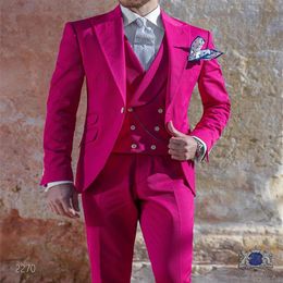 Fashion Pink 3 Piece Suit Men Wedding Tuxedos Handsome Groom Tuxedos Excellent Men Business Dinner Prom BlazerJacket Pants Ti326T