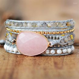 Strand Bohemian Natural Stone Rose Quartz White Turquoise Beaded Charm Braided Bracelet Handmade 5 Wrap Multi Layer Leather Bracelets