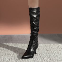 Pleated Wrinkle Trendy Stiletto Heel Fashion Women Pointed Toe Stilettos Heels Knee High Boots