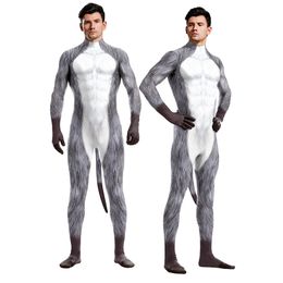 Catsuit Costumes Adult Fashion Cosplay Animal Huskies 3D Catsuit Costumes Unisex Elastic Carnival Party Bodysuits Zentai with Tail Gay Jumpsuit