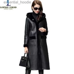 Women's Fur Faux Fur Real Sheepskin Hooded Coat for Women Long Lamb Fur Jacket Thick Overcoat Loose Female Clothing High Quality New Winter L230920