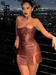 Casual Dresses Chicology Sexy Strapless Slim Leather Slit Bodycon Mini Dress Party Festival Club Evening Birthday 2023 Women Outfit