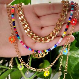Chains Bohemian Metal Chain Colourful Beads Flower Pendant Necklace For Women Mix Colour Bead Strand Choker Collar Cuban Chunky