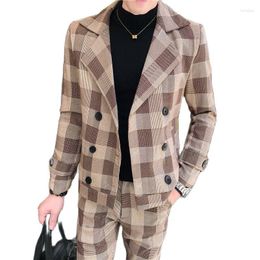 Men's Suits Jacket Pants Autumn Winter Plaid Double Breasted Suit Two Piece Set Male Gentleman Dress Blazers Coat Slim Fit Trousers