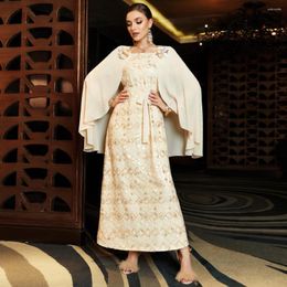 Ethnic Clothing Sweet And Fresh Muslim Woman Dress Beige Sequined Chiffon Shawl Arabia Style Maxi Dresses For Women Abaya