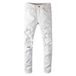 Mens Jeans Sokotoo White Crystal Holes Ripped Fashion Slim Skinny Rhinestone Stretch Denim Pants 230920