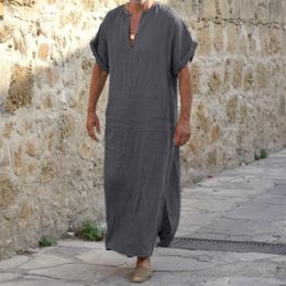 Ethnic Clothing Islamic Arabic Kaftan Men Shirts Linen Cotton Solid Short Sleeve Hooded Robes Dubai Middle East Muslim Clothes294q