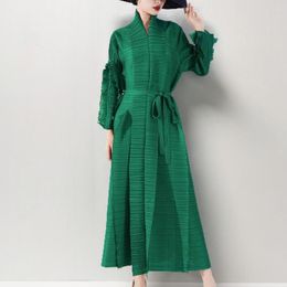 Women's Trench Coats Miyake Plus Size Fashion Women Pleated Bud Sleeve Cardigan Dresses Long Gowns Fall Loose With Belt