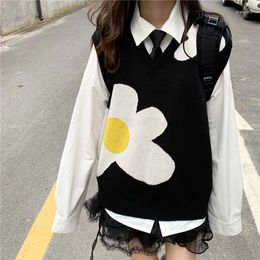 Men's Vests Flower Men Sweater Knitted Sweaters Vest Sleeveless Knit Women Y2k Top Kawaii Harajuku Clothing Oversized Jumper Ropa