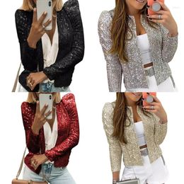 Women's Jackets Womens Long Sleeve Party Casual Cropped Coat Solid Color Sparkly Sequins Open Front Stand Collar Short Outwear