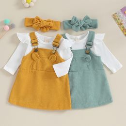 Clothing Sets Pudcoco 018M Infant born Baby Girls 3Pcs Clothe Set Ribbed Tops Bodysuits Overall Dress Headband Solid Spring Autumn Outfits 230919