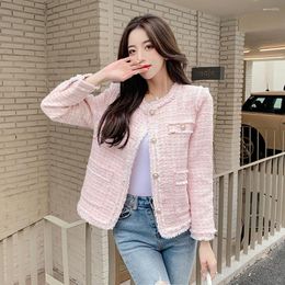 Women's Jackets Womens Jacket Spring Elegant Tweed Coats For Women O Neck Long Sleeve Pink Autumn Woven Female Fashion Outwear