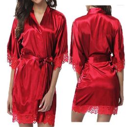 Casual Dresses Sexy Nightgown Lingerie Lace Patchwork Nightdress Women Silk Kimono Belt Bath Robe Nightwear Sleepwear Chemises