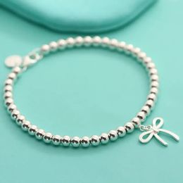 Fashion love bow bracelets womens round tag 925 silver original classic T beaded bracelet elegant 4mm rose gold beads heart man women Jewellery lovers gift blue box