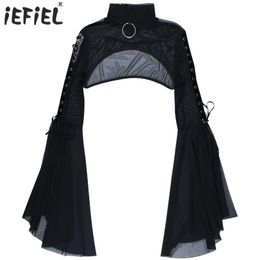 Women's Tanks Cami s Gothic Punk Flare Sleeve Crop Top Rave Party Cosplay Outfit See through Mesh Shrug Mock Neck O Ring Lace up Tops Clubwear 230919