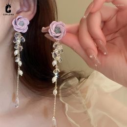 Dangle Earrings 2023 Sweet Temperament Fabric Flower Pearl Tassel Long Drop For Women Wedding Party Jewellery