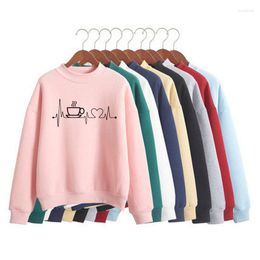 Women's Hoodies Coffee Heartbeat Print Women Sweatshirt Korean O-neck Knitted Pullover Thick Autumn Winter Candy Color Loose Clothes