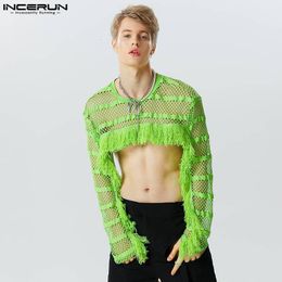 Men's T-Shirts Men T Shirt Mesh Tassel Hollow Out Transparent Male Crop Tops O-neck Long Sleeve Sexy Streetwear Camisetas S-5XL INCERUN 7 230920