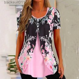 Women's Cape Summer New Ladies Round Neck Printing Fake Two Short-Sleeved Shawl Pullover T-Shirt/S-2XL L230920