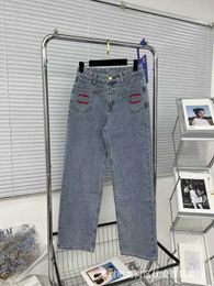 Women's Jeans Designer High end Spring/Summer 2023 New Fashion Versatile Trend Red Print Pocket Straight Leg Jeans LF9C
