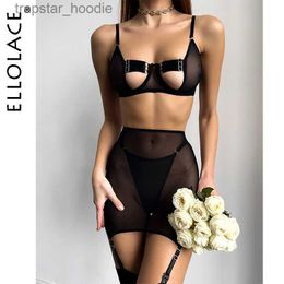 Sexy Set Ellolace Sensual Lingerie Cut Out Bra Garter Lace Up Bandage Sissy Underwear 4-Piece Exotic Sets Transparent Mesh Intimate L230920