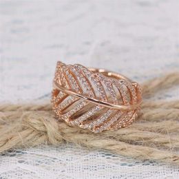 Rose gold feather Band rings original silver fits for style Jewellery 180886CZ H8ale H8265v