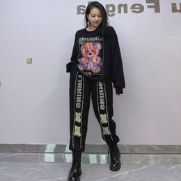 Women's Two Piece Pants Autumn Black Diamond Bear Tracksuit Women Rhinestones 2 Sets Knit Sweatshirt And Oversize