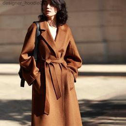 Women's Wool Blends 2023 Autumn Winter Coat woman Mid length Coat women Water ripple long Cashmere overcoat long lady Double-sided Woollen cloth L230920