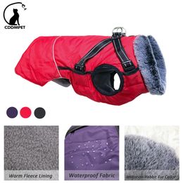 Dog Apparel Waterproof Clothes with Harness for Medium Large Winter Warm Fur Collar Pet Jacket Reflective French Bulldog Costume 230919