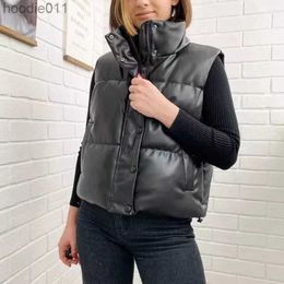 Women's Down Parkas 2023 Autumn Winter Pu Leather Vest Women Jacket Coat Outwear Puffer Vest Female Sleeveless Jacket Women Puffy Solid Down Vest L230920