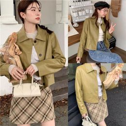 Women's Leather Korean Cropped Jackets For Women Fashion Green Office PU Coat Streetwear Vintage Casual Blazers Trend Outerwear