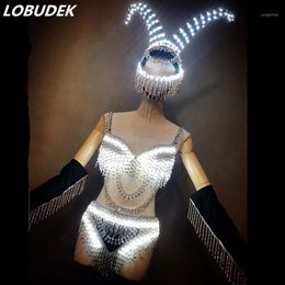 Stage Wear LED Rhinestones Bikini DJ Jazz Dance Costume Luminous Crystals Bra Shorts Tassels Gloves Set Outfit Nightclub Clothes1284l