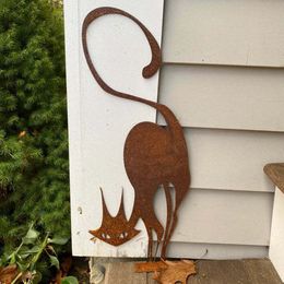 Garden Decorations Gift Iron Farmhouse Screw In Wood Fence Topper Garden Ornament Art Craft Statue Patio Halloween Outdoor Decor Yard Rust Cat 230920