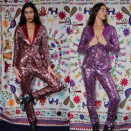 Purple Sequined Mother of the Bride Pants Suit Women Ladies Glitter Evening Party Tuxedos Formal Work Wear For Wedding 2 pcs2958