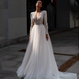 White Boho Wedding Dresses Long Sleeve Glitter Bride Dress Tulle A-Line Appliques Wedding Gowns Custom Size