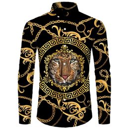 Men's Casual Shirts Golden Lion Pattern 3D Print Men Long Sleeve Turn-down Collar Button Tops Fashion Baroque Style Streetwea219e