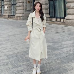 Women's Trench Coats White Coat For Women 2023 Autumn Single Breasted Belt Elegant England Style Casual Loose Long Windbreaker Jacket 2306