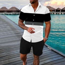 Men's Tracksuits Fashion Two Piece Set Men Short Sleeve Lapel Colour Block Print Shirt And Shorts Loose Suits Summer Casual Outfits Mens