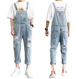 Men's Jeans Men's Suspenders Jumpsuit Summer Fashion Loose Denim Overalls Man Straight Hole Nine Point Pants Male Clothing Plus Size S-3Xl 230920